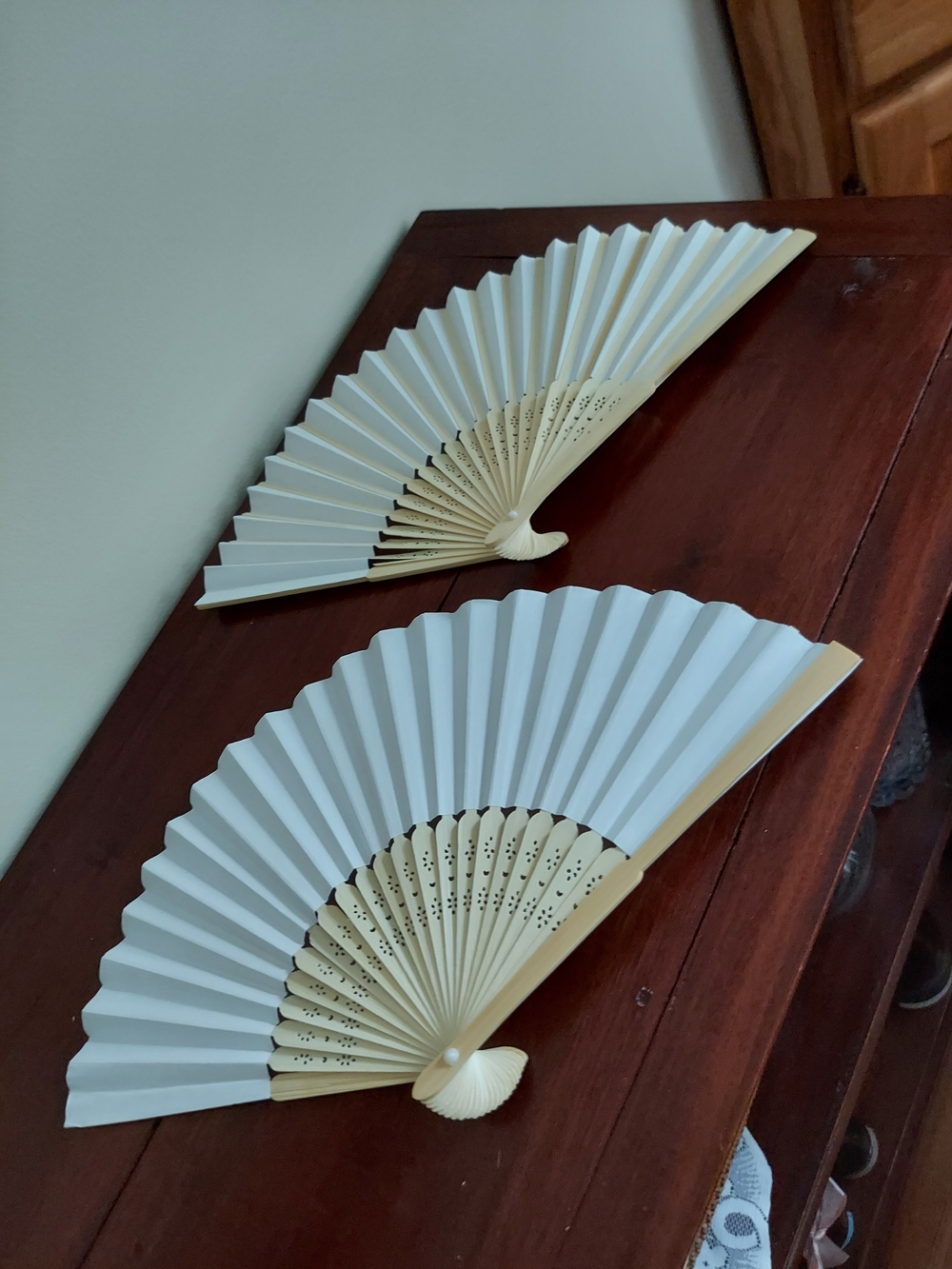 White Folding Hand Fans for Decor or Parties. Set of 2